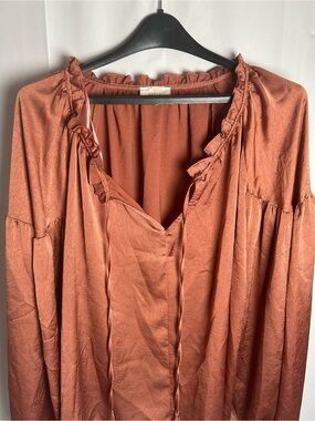 Ruffle Trim V-Neck Blouse in Rust